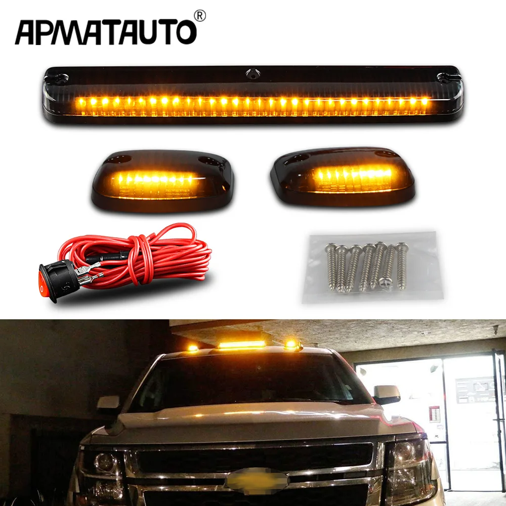 3PC Smoke Cab Roof Running Amber Side Clearance Dome LED Lights For Chevy Silverado G/M C Sierra 2007-2013