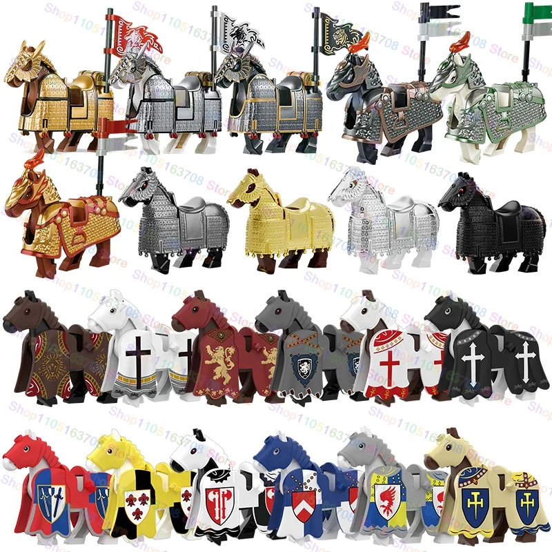 Moc guerreiro medieval cavalo de guerra coleção blocos de construção castelo armadura pesada rosa cavalo de guerra sela brinquedo das crianças bloco de construção
