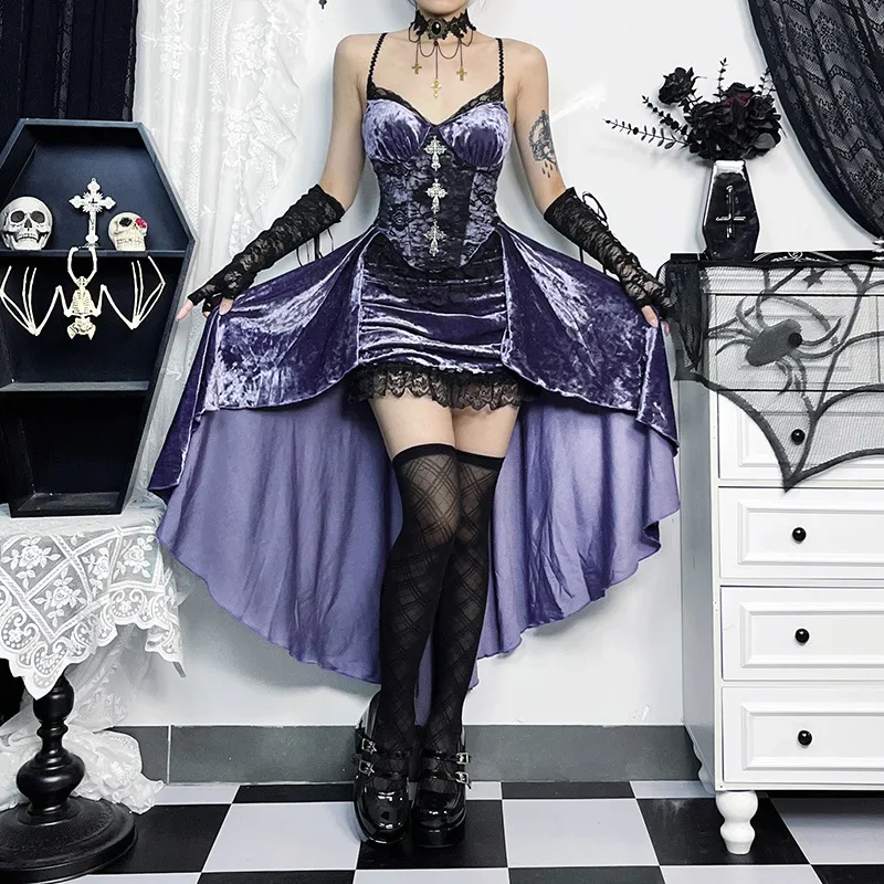 Goth Dark Prachtige Victoria Gothic Fluwelen A-lijn Jurken Vrouwelijke Elegante Avond Lolita Partywear Grunge Sling Kanten Zoom Alt Doek