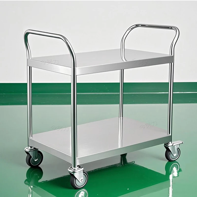 Stainless steel double-layer thickened trolley Station equipment Laboratory instrument handling Silent tools Flat trolley