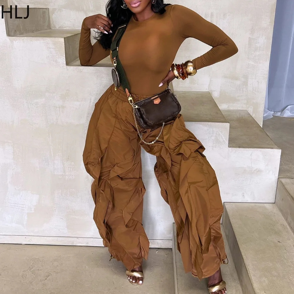 

HLJ Winter New Fashion Woman 2 Piece Set Outfit Solid Color Long Sleeves Crop Top and Ruched Patchwork Pants Female Streetwear