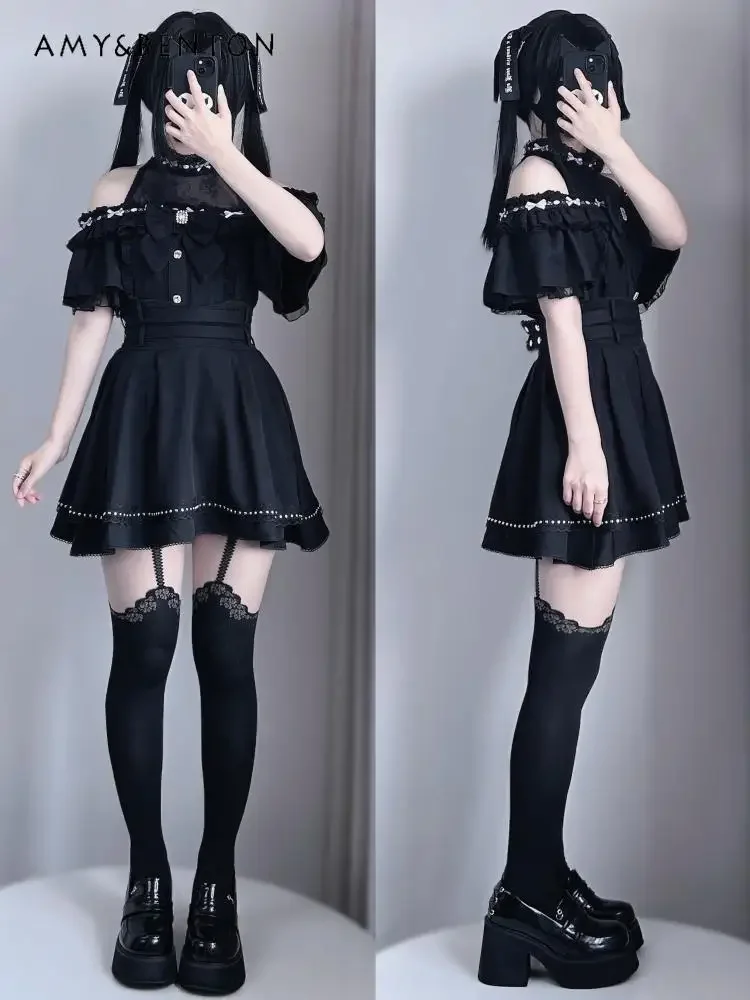 Kawaii Mine Series Mass-produced Lolita Shirt Women Original Japanese Cute Sweet Lace Bow Off-the-shoulder Short-sleeved Shirts