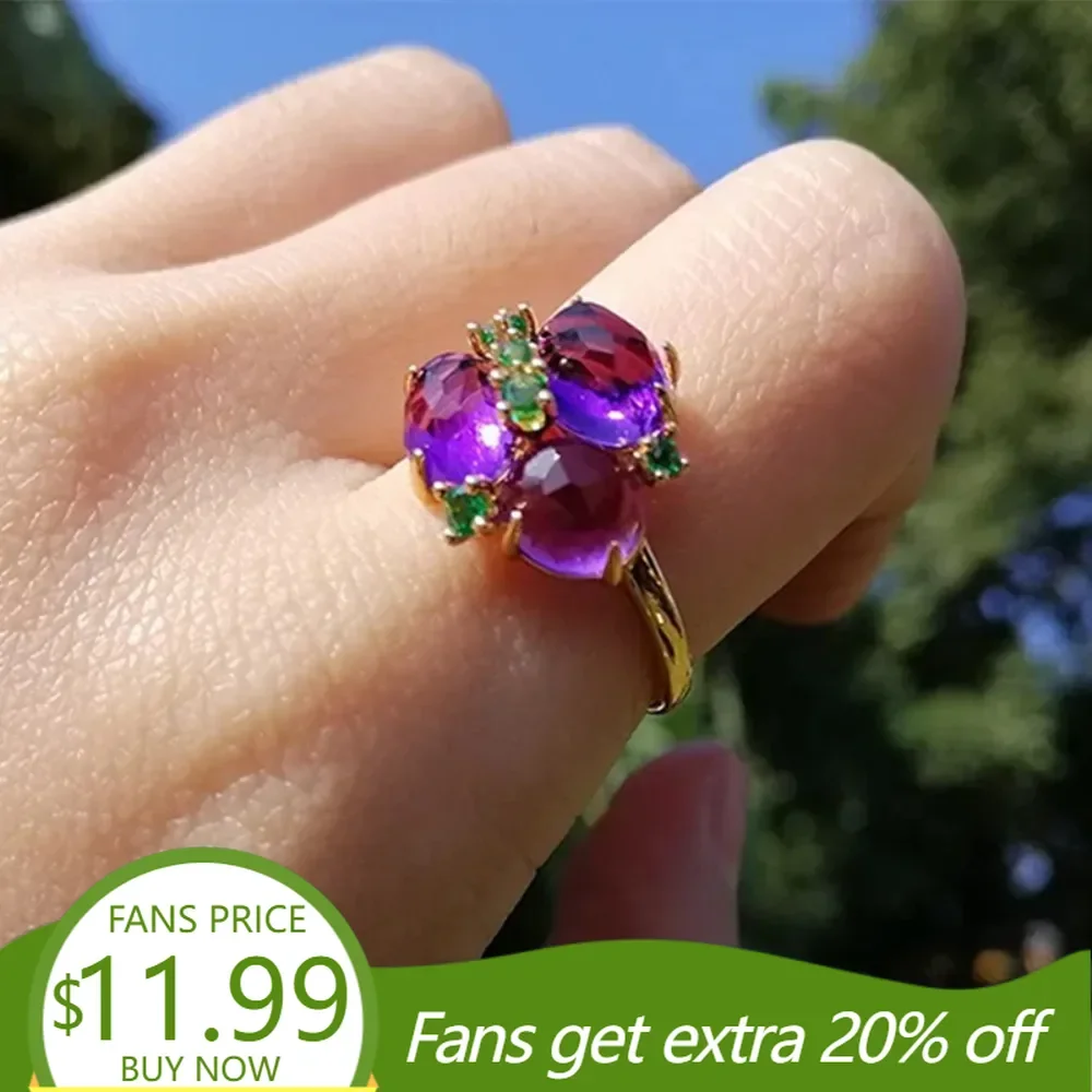

ALLNOEL 925 Sterling Silver 8x6mm Synthetic Amethyst Purple Stone Exquisite Flower Adjustable Rings for Women Fine Jewelry Gift