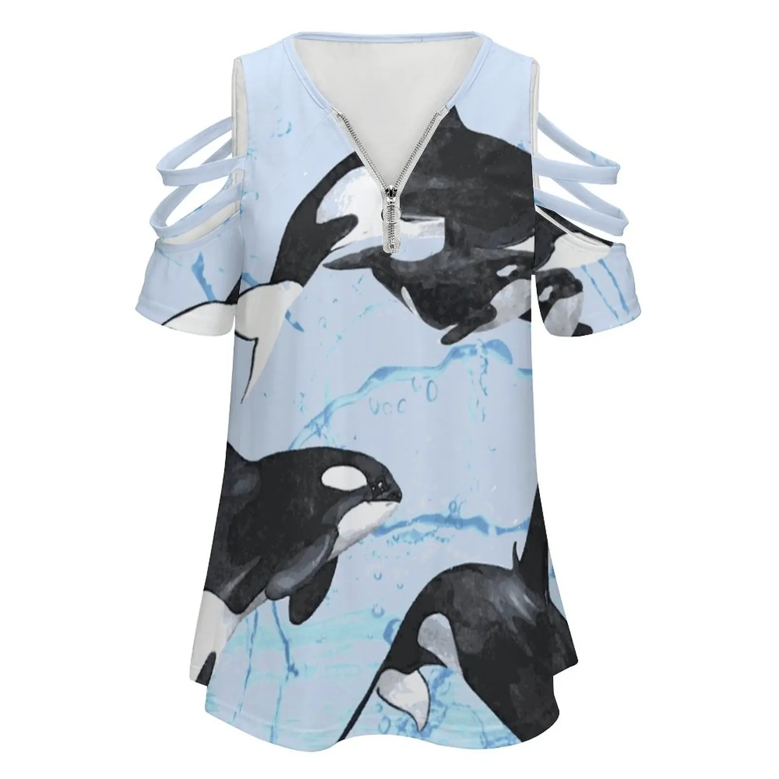 Incredible Black And White Watercolor Orcas Women's T-Shirt Summer Fashion Print Floral V-Neck Zipper Tshirt Hollow Pullover