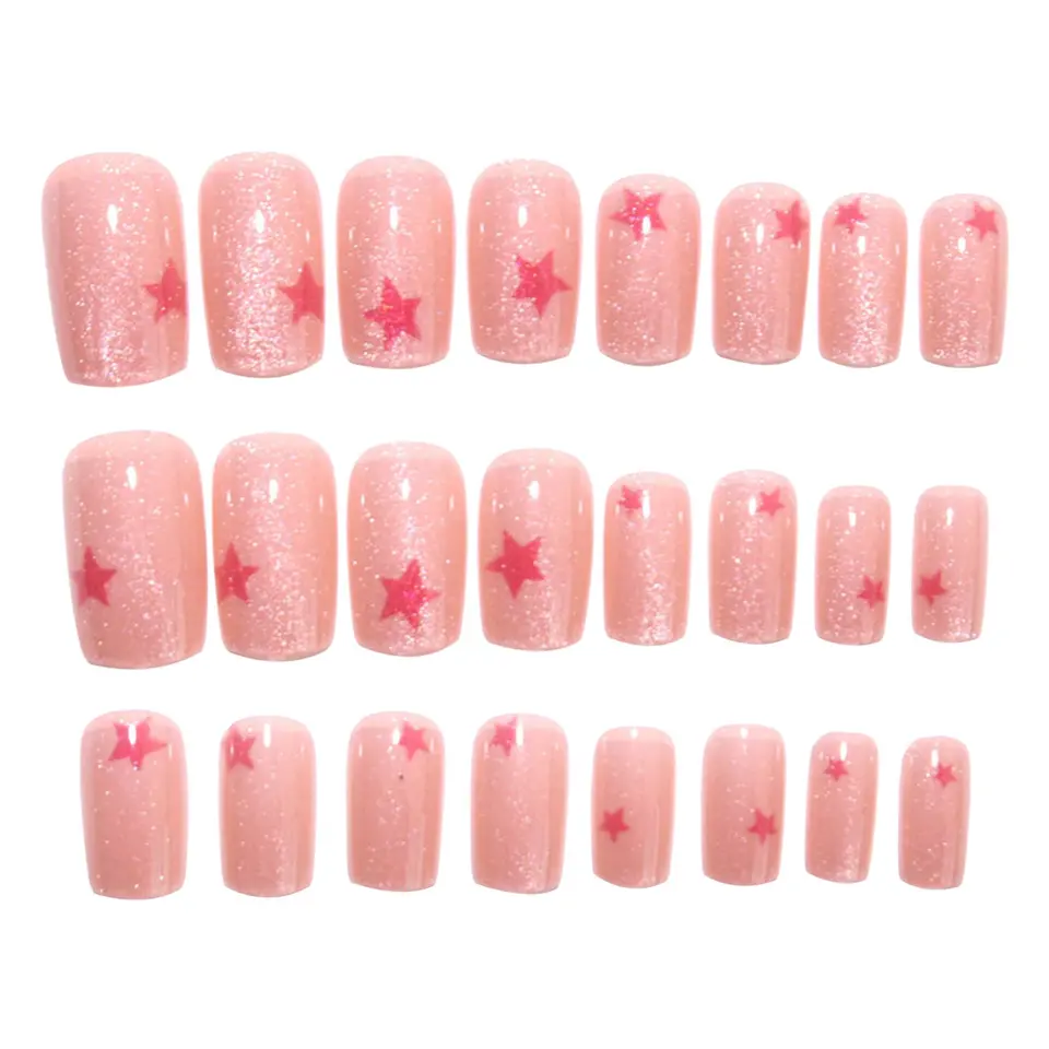 Uñas postizas color rosa nude brillante con estampado de estrellas, encanto Y2K para chicas, uñas de acrílico adhesivas, 24 piezas 5