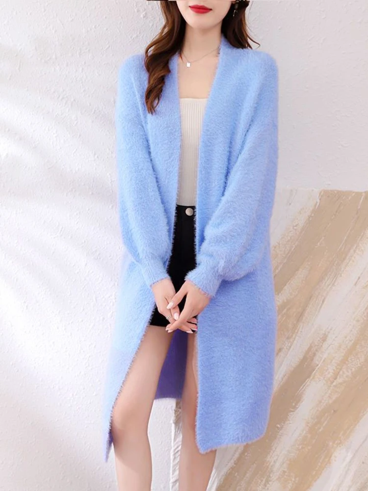 

2024 Spring Autumn Women Mink Velvet Cardigan Sweater Loose Mid-length Solid Color Thick V-neck Knitting Sweater