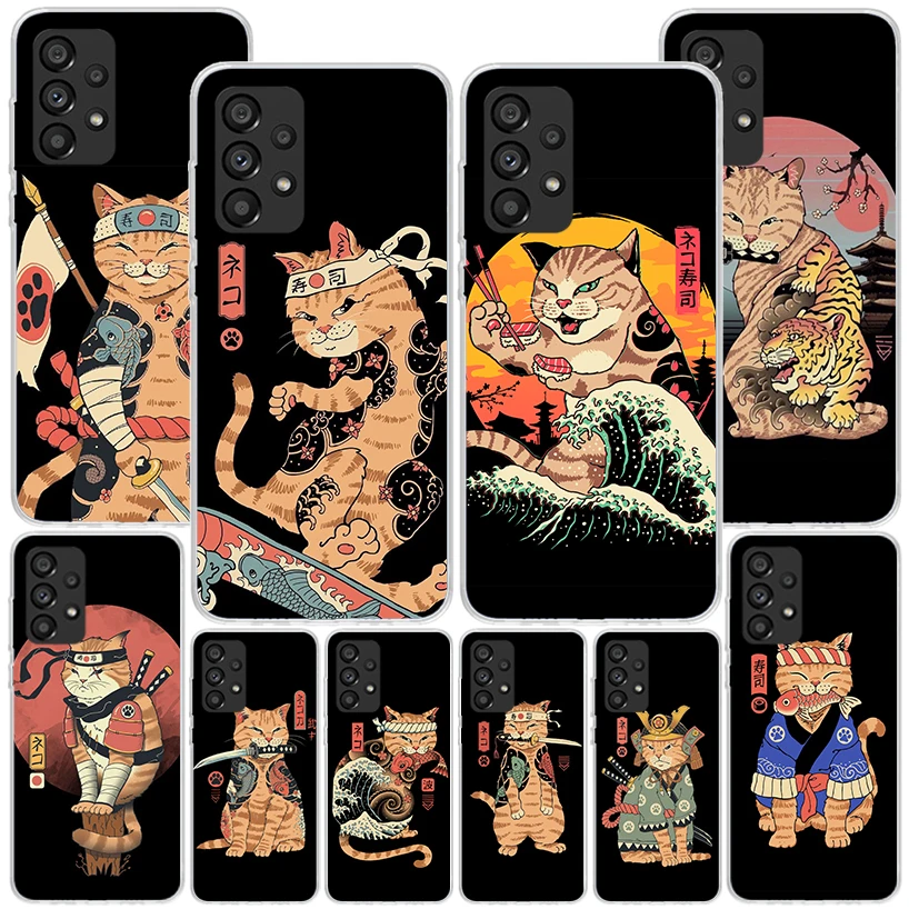 Ramen Sushi Samurai Tattoo Cat Phone Case For Samsung Galaxy A15 A14 A13 A12 A55 A54 A53 A52 A35 A34 A33 A32 A25 A24 A23 A22 A05