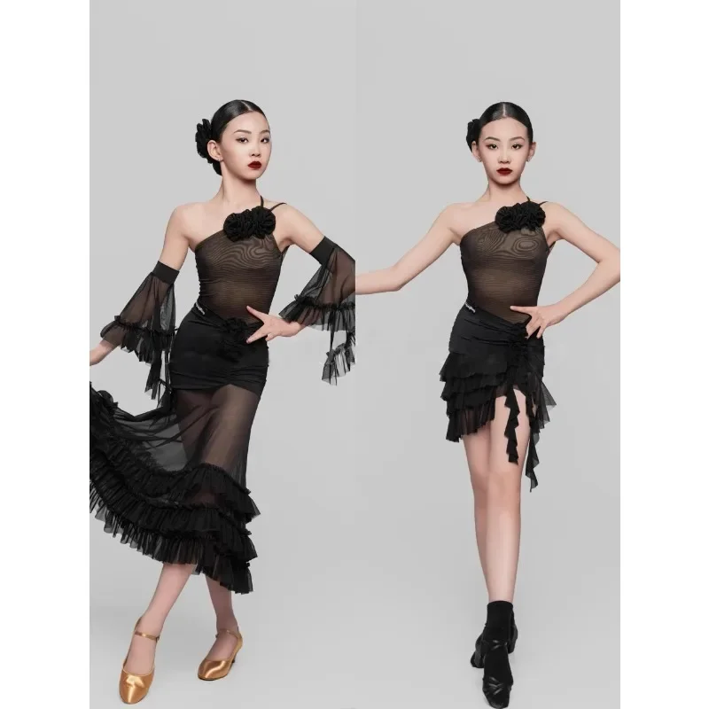 Vestido de dança latina personalizado para meninas, ombro inclinado, alça de flor, performance moderna, saia de bolo, roupas de prática