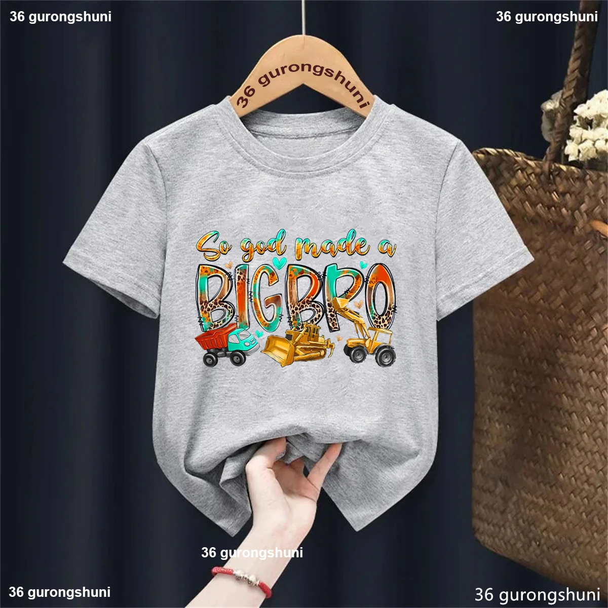 Kawaii Kids Clothes Leopard So God Made A Big Bro Excavator Truck Graphic Printed Tshirt Boys Summer Tops Solid T-Shirt