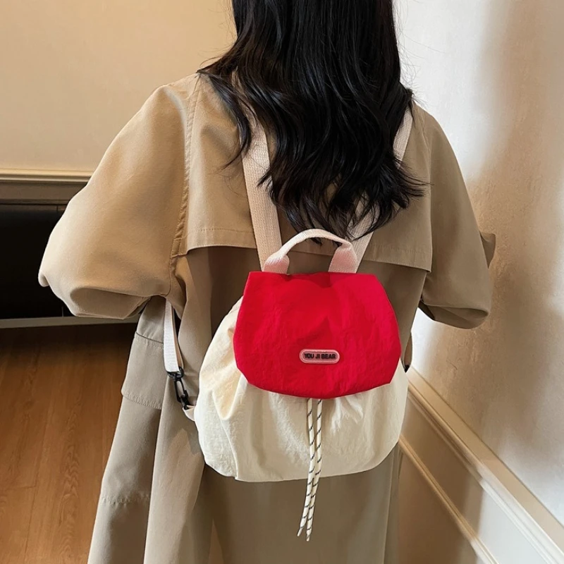 Color Block Drawstring Backpack, Soft Flip Over Cover, Adjustable Wide Shoulder Straps, Women Casual Mini Daypack for School