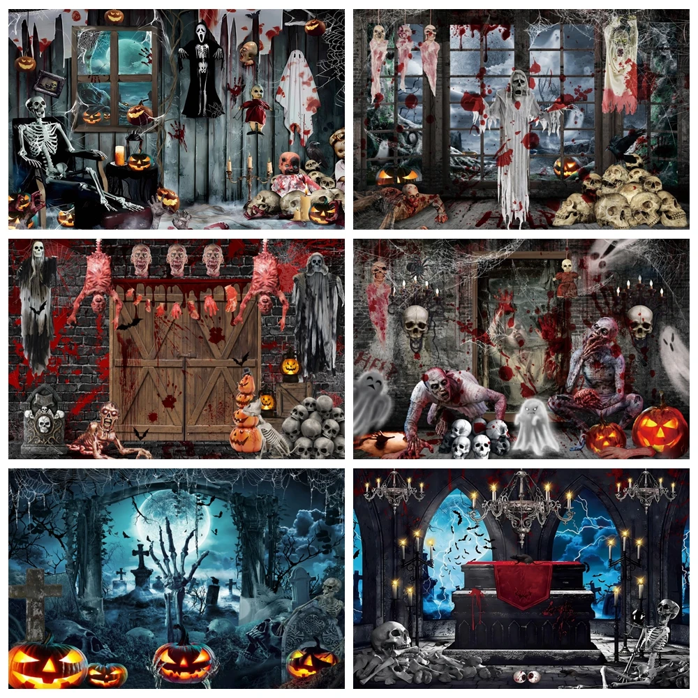 

Halloween Photography Backdrop Horror Night Moon Scary Graveyard Castle Pumpkin Skull Children Portrait Photo Background Decor