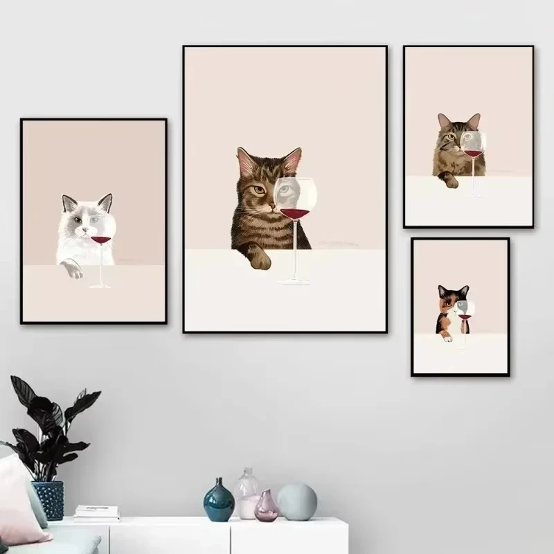 Whimsical Wine-Tasting Cat Canvas Print Minimalist Wine and Animal Canvas Wall Art Modern Home Decor for Living Room and Dini