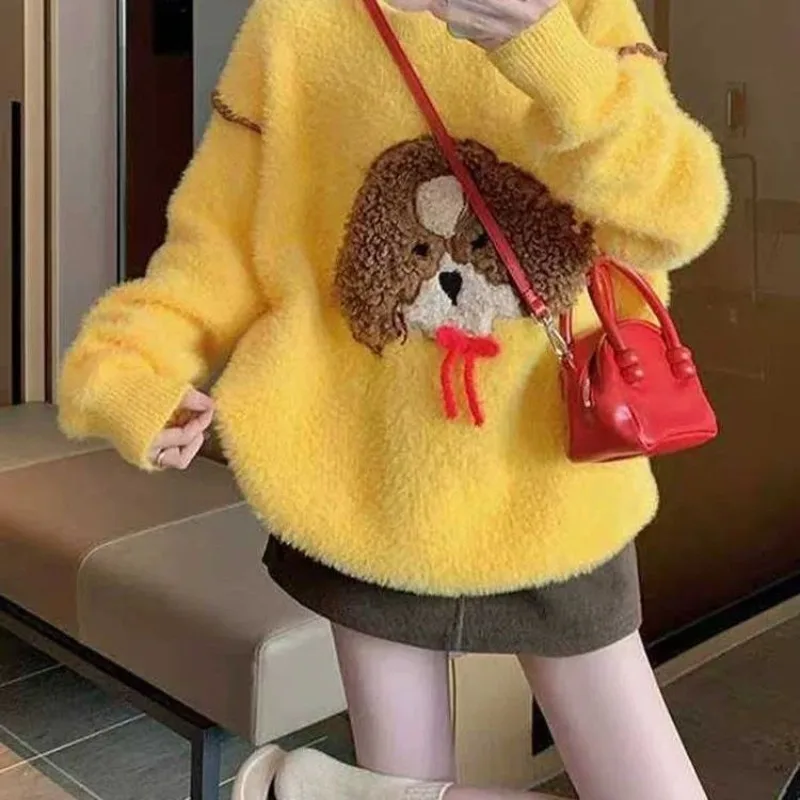 Yellow Jacquard Puppy Sweater for Women in Autumn  Winter Soft Lazy Style Thickened with Fleece Paired with A Knitted Top Inside