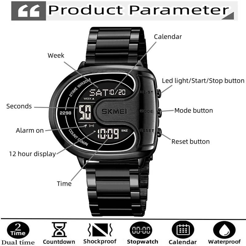 Skmei Mens Digital Waterproof Watches Luxury Stainless Steel Band Led Chronograph Alarm Clock Fashion Stopwatch Sports Dual Time