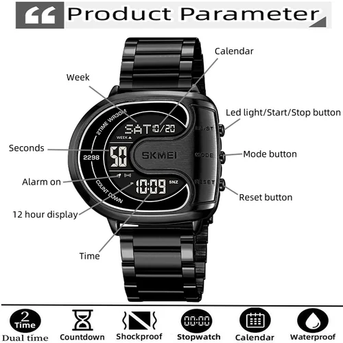 Imagen 2 del producto Relojes digitales Skmei resistentes al agua para hombre, banda de acero inoxidable de lujo, cronógrafo Led, despertador, cronómetro de moda, deportivo, doble horario