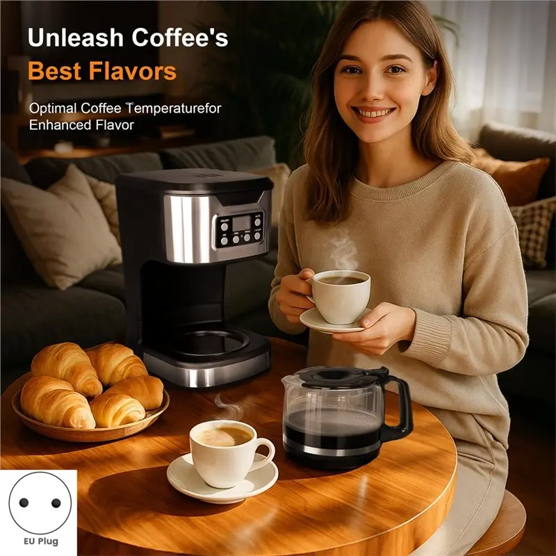 【NEWLY】12 Cup Brew& Drip Coffee Machine Maker Programmable, Fully Automatic, 1-4 Cup Settings In Stainless Steel, Home EU Plug