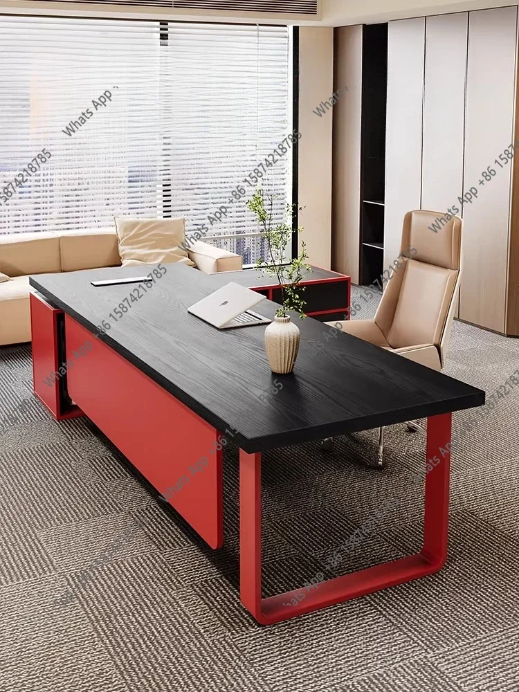 N62 New creative solid wood desk with side cabinet light luxury high-end boss table with power socket large class table