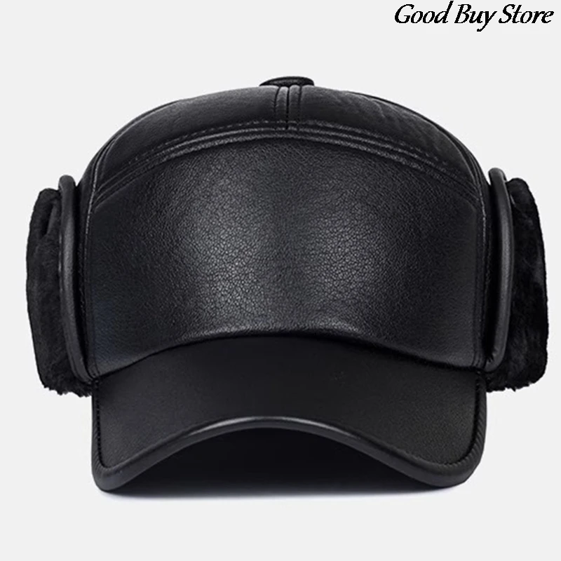 Leather Fur Snapback Caps with Earmuffs Ear Protection Bomber Hats Men Winter Baseball Hat Warm Visors Casquette Fishing Skiing