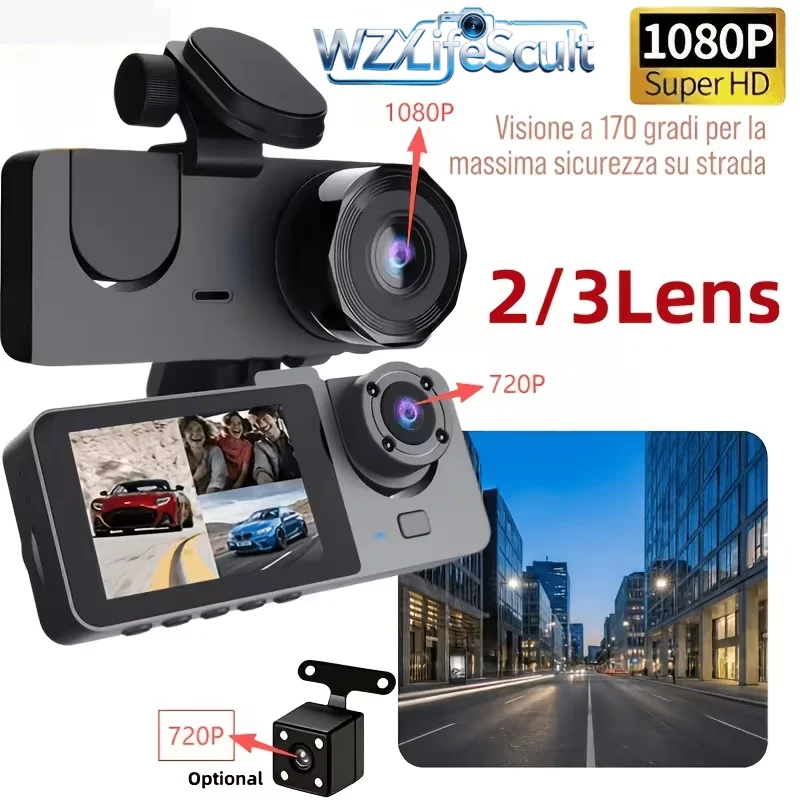 2/3-Inch Lens In-Car Dashcam, Dual-Channel Car Camera with 1080p Front and 720p Rear Cameras, Infrared Night Vision, Loop Recording, Gravity Sensor, 24-Hour Parking Monitoring, Motion Detection Dashcam