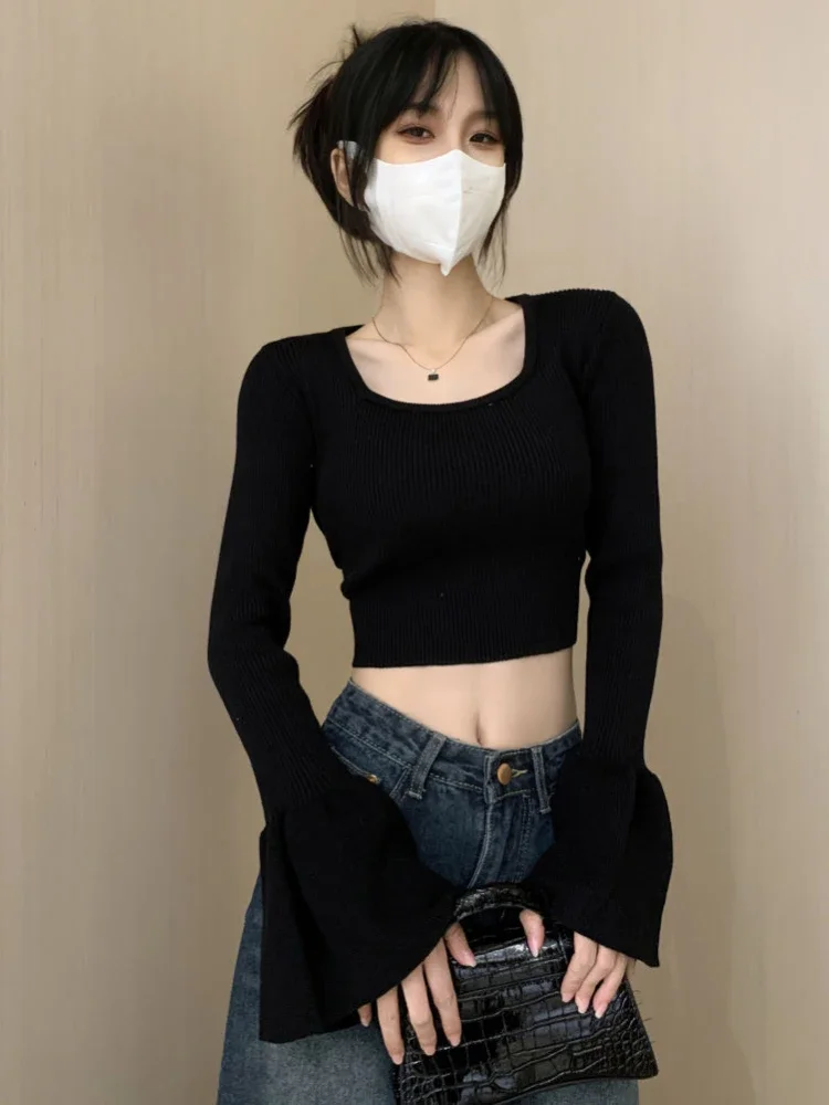 Flare Sleeve Sweaters Women Solid Bandage Spring Autumn Simple Square Collar Hotsweet Slim Cropped Midriff-baring Outdoor Street