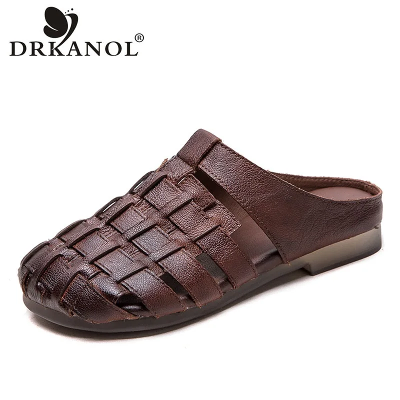DRKANOL Fashion Women Summer Slippers Handmade Retro Style Weave Genuine Cow Leather Slip On Outside Casual Flat Slides Sandals