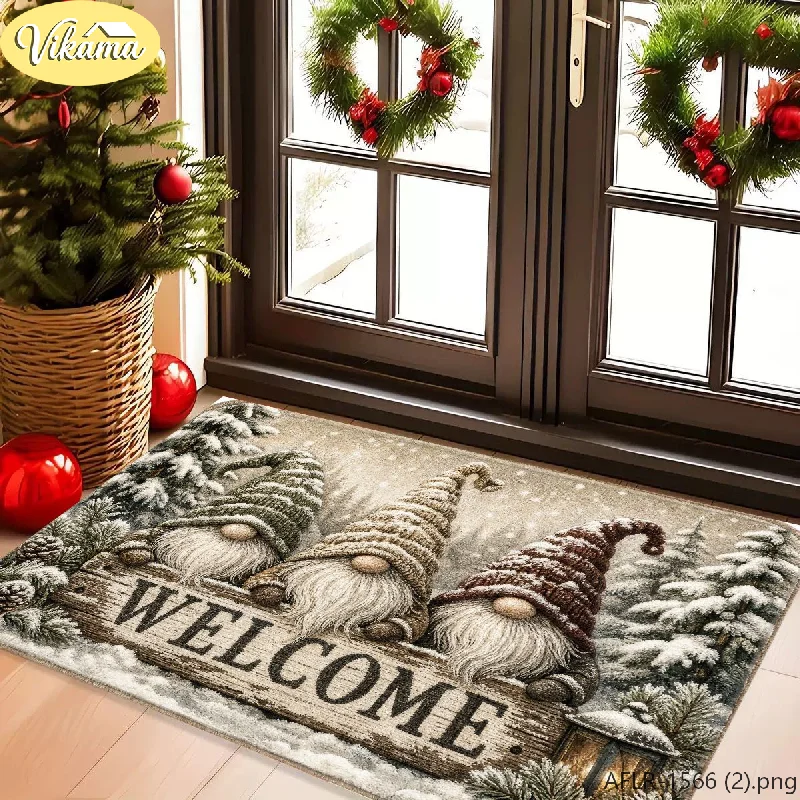 VIKAMA Christmas Gnome Welcome Doormat, Non-Slip Entryway Decorative Doormat, Christmas Party Decorative Rug, Home Decor
