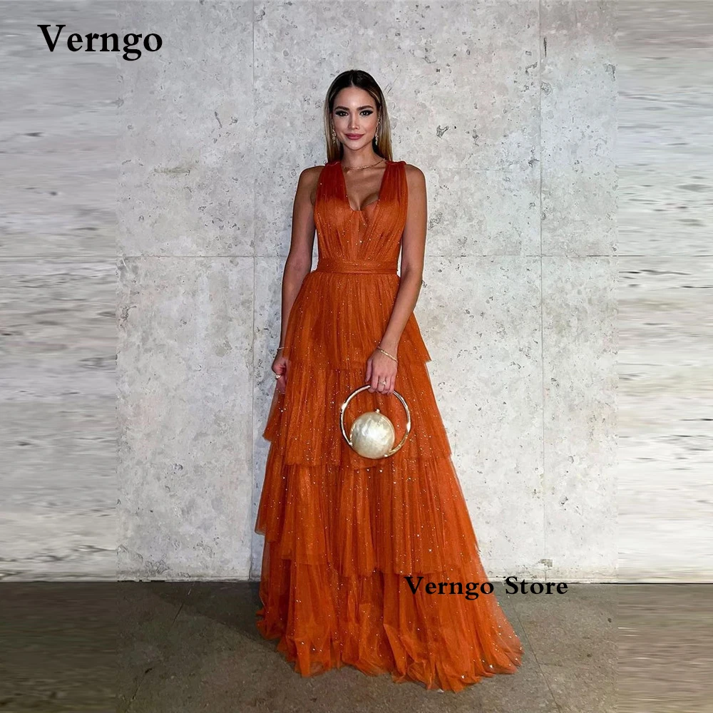 

Verngo Shiny Burnt Orange Tulle Evening Dresses Long Women V Neck Tiered Formal Dress Women Party Prom Night Event Gown