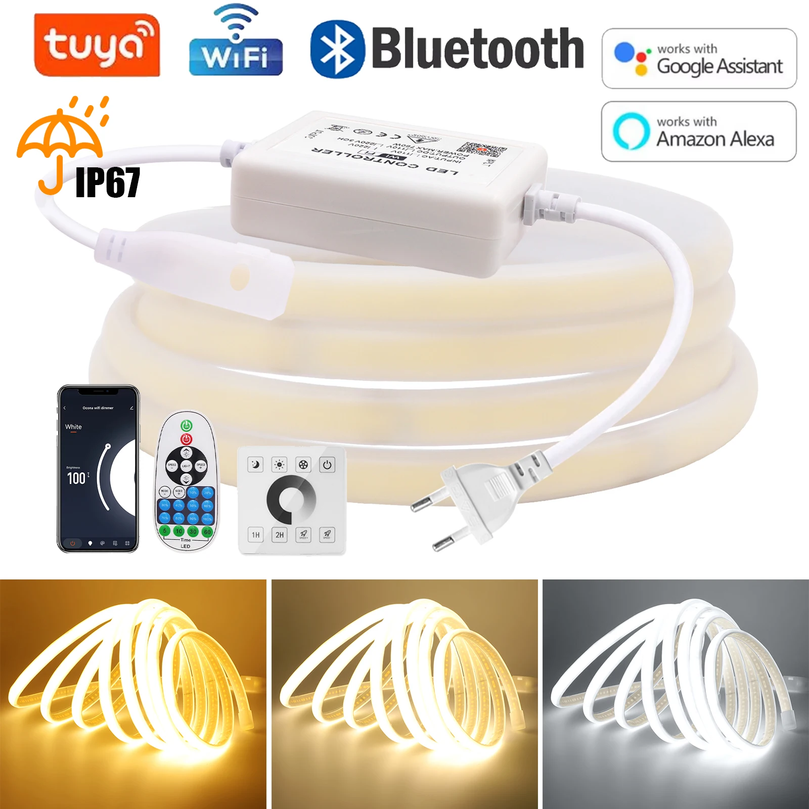 Tuya WiFi COB LED Strip Light 220V Dimmable Bluetooth COB Lights with Adhesive tape 240LEDs Flexible LED Tape Linear Lighting