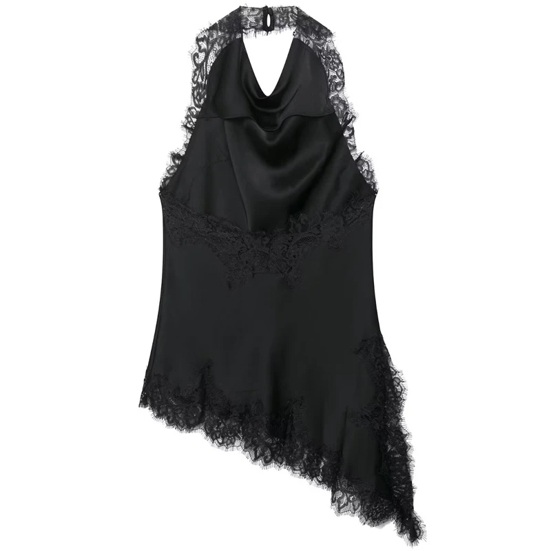 HXAO قطع علوية غير متناظرة من الدانتيل للنساء الدبابات وكاميس مشد سترات سوداء مثيرة بدون أكمام بدون ظهر قمصان للشاطئ