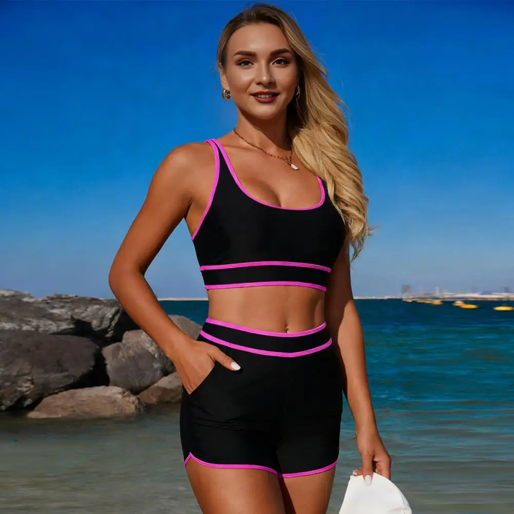 

2Pcs/Set Deep Sea Blue Swim Set Women Swimsuit Set Racerback Tops Boxer Shorts Mid-Thigh Swimwear Beach Hot Spring Swimsuit