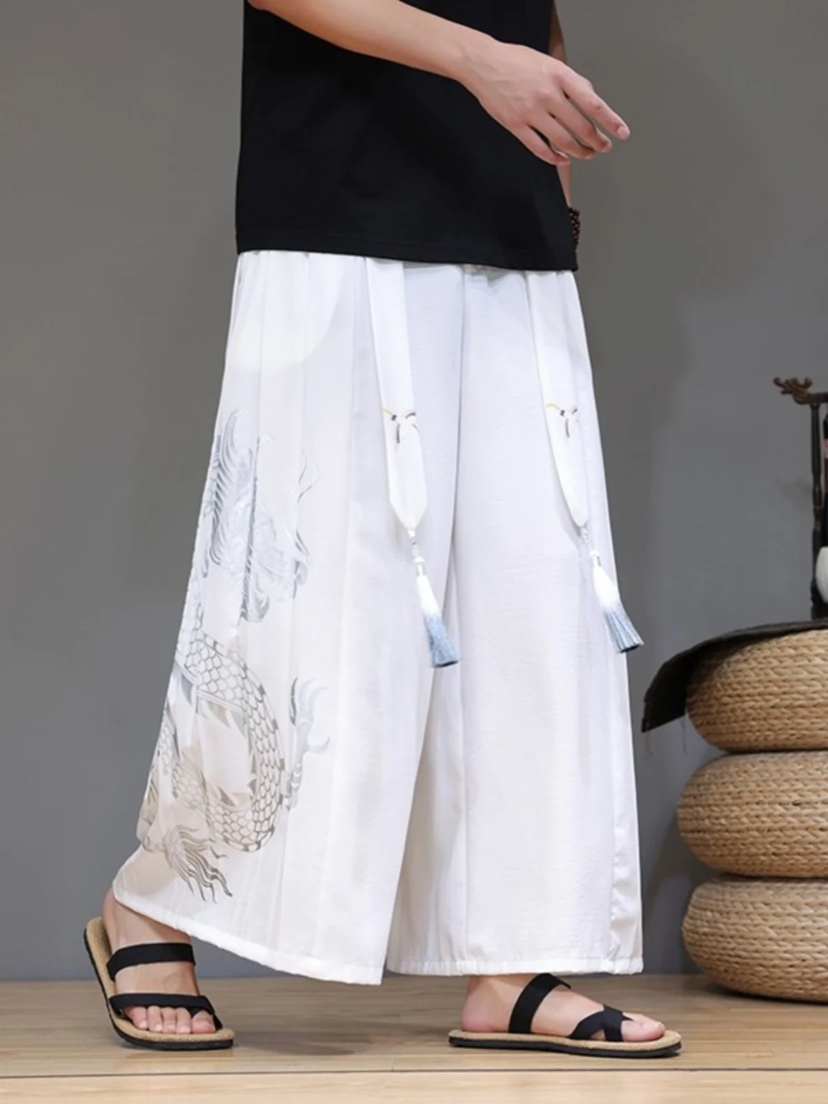 

Широкие брюки-юбка унисекс из ледяного шелка с принтом дракона, свободного кроя, летние, тонкие, повседневные, удобные, в стиле Ханьфу