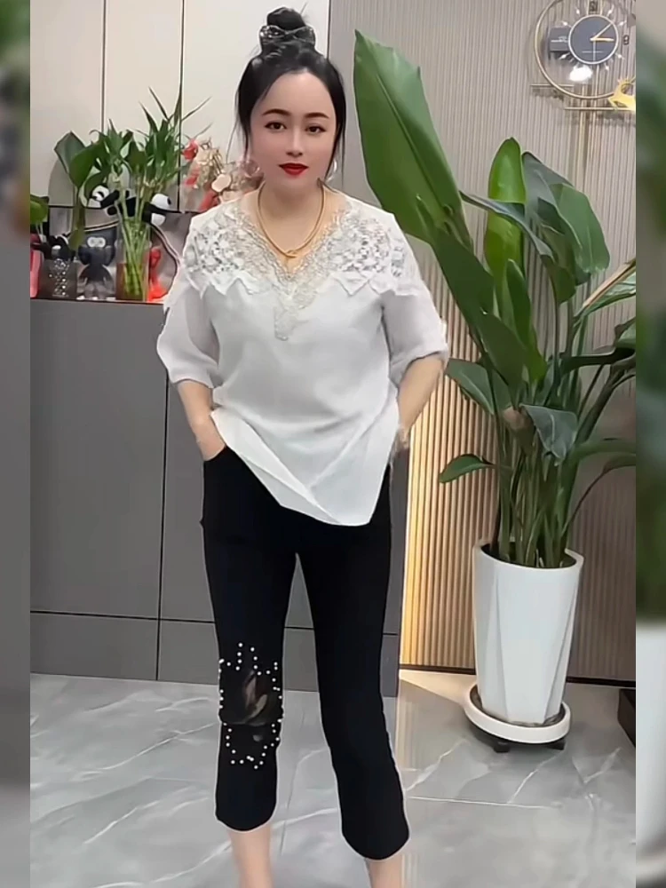 Pants High Waist Floral Lace Patch Dry Straight Slim For Women Summer Thin Breathable Cropped Extremely Figure Slacks