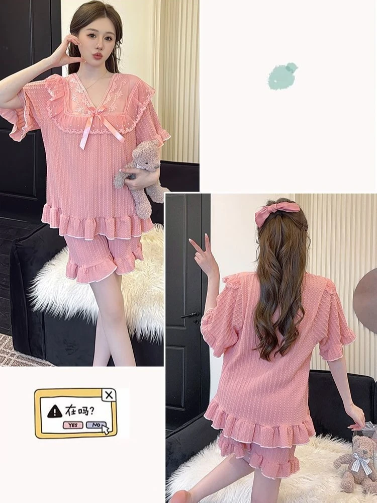 Conjunto de pijamas de Estilo Princesa de talla grande 5XL, pantalones cortos de manga corta de algodón de encaje de verano para mujer, ropa para el hogar, transmisión directa en vivo, Pjs