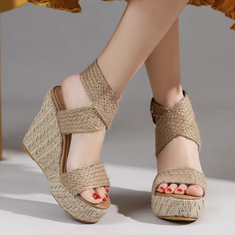 Large Size Platform Sandals Wedge Summer Shoes For Women Wedges High Heels Beige Knitted Gladiator Flip Flops Female Comfortable