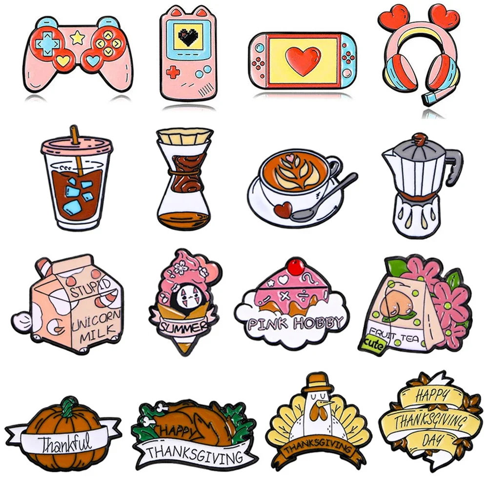 Creative Pink Gaming Console Metal Badge Fashion Coffee Ice Cream Cowboy Pumpkin Roast Chicken Enamel Lapel Pin Jewelry Gif