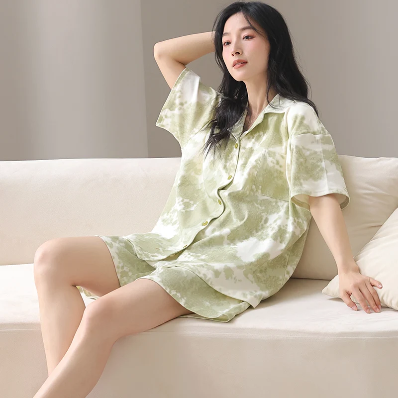 High Quality Summer Women Turn-down Collar Pajama Set Female Knited Cotton Short Sleeve Floral Pyjamas