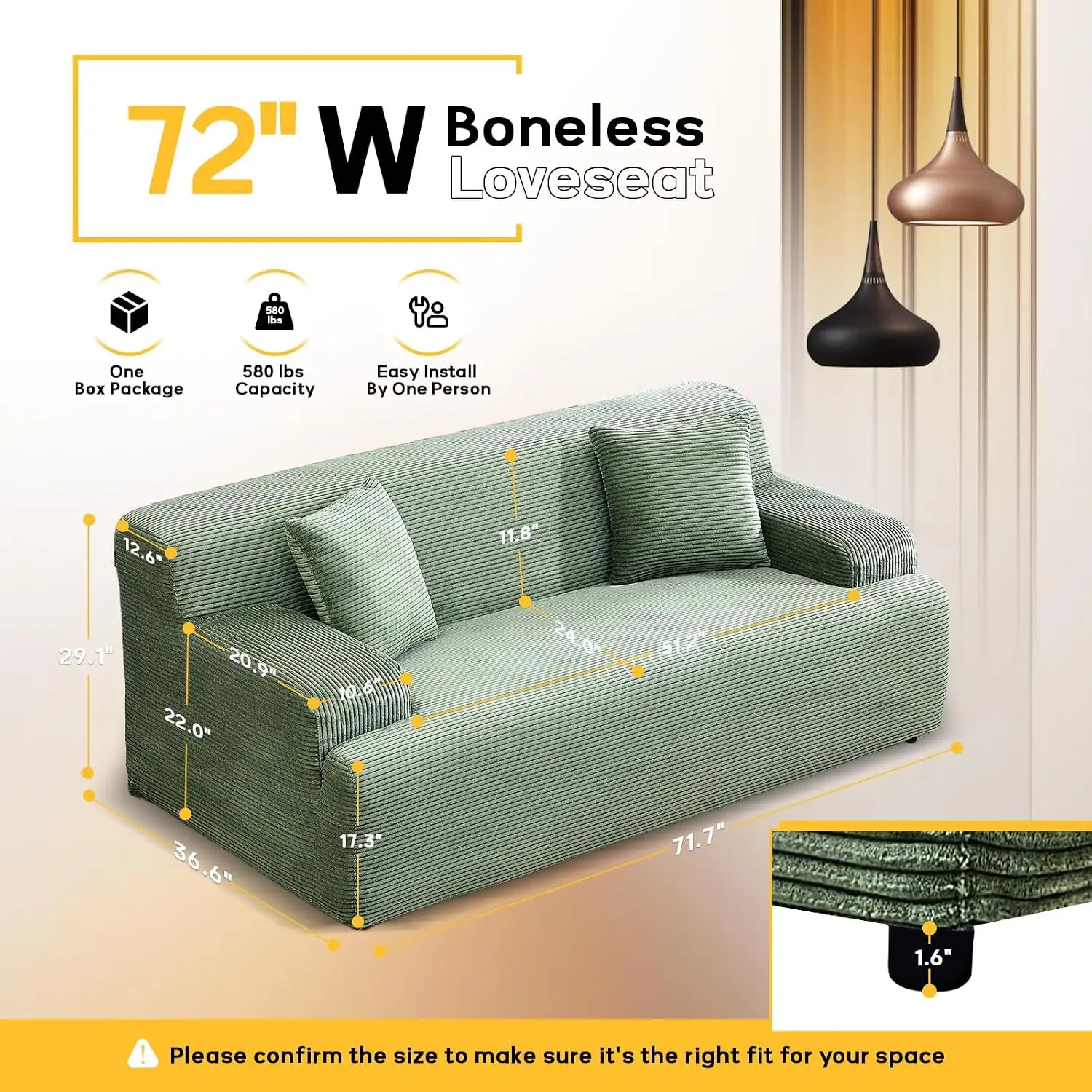 Boneless Loveseat, Corduroy Deep Seat Sofa in Box, 10.6