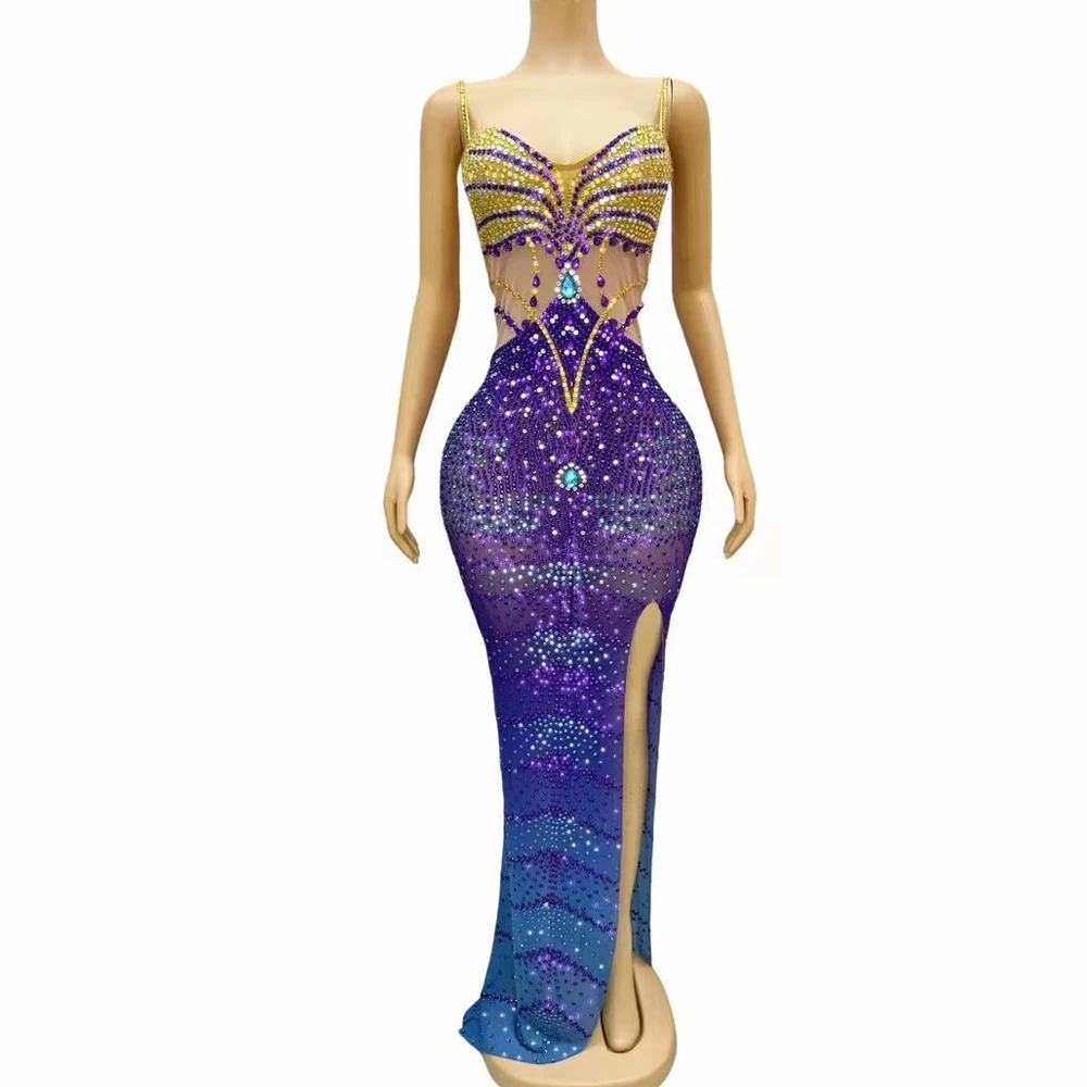 Sexy Stage Blue Gold Colorful Rhinestones Butterfly Sleeveless Split Dress Birthday Graduation Photoshoot Outfit Dance Costume