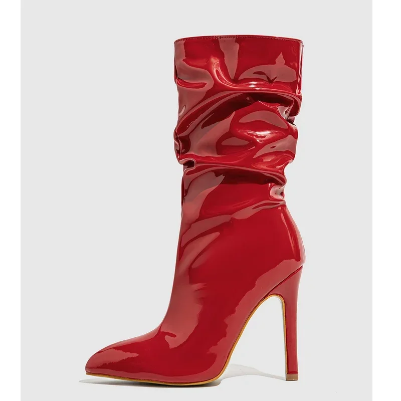 Eilyken Street Style Patent Leather Thin High Heels Women Ankle Boots Designer Pleated Zip Short Booties Sexy Party Prom Shoes image 5