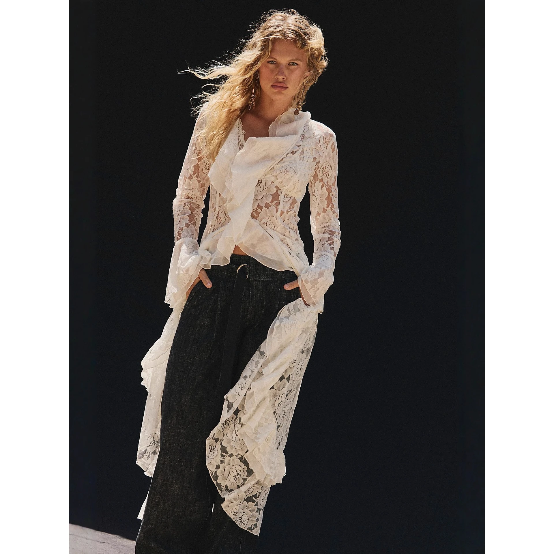 Elegant Lace See-through Long Dress Cover-up Bikini Beachwear High Waist A-line Casual Style Nine-point Sleeve Slim Fit