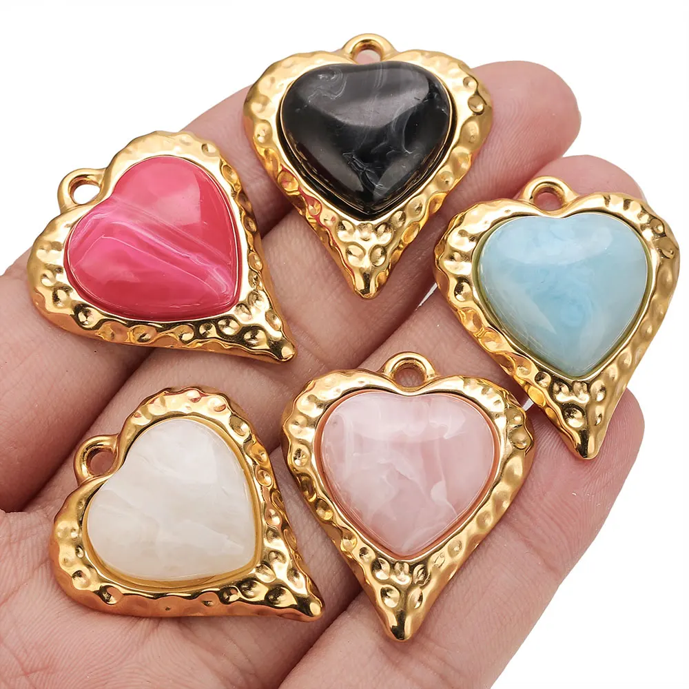 2 Pcs Stainless Steel Natural Stone Heart Charms Golden Pendant Accessories for DIY Earrings Necklaces Jewelry Making Findings