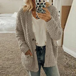 Women Casual Plus Size Plush Sweater Pockets Outerwear Buttons Cardigan Coat Abrigos Mujer Invierno Chamarras Para Mujer пальто