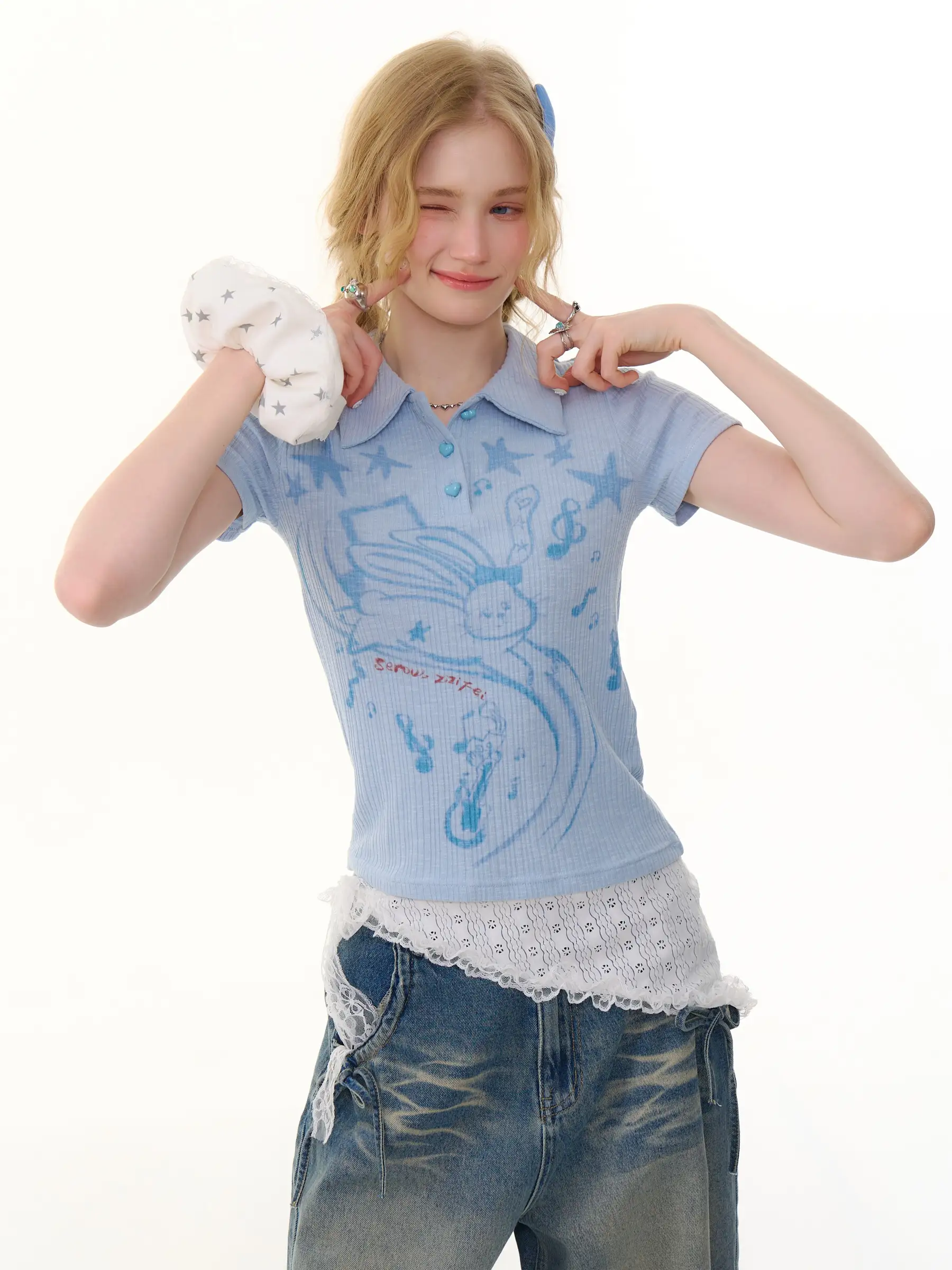 

ZIZIFI Summer New American Retro Bunny Print Collar Slimming Effects Knitted ort Sve T-irt Women Casual Wear Cott...