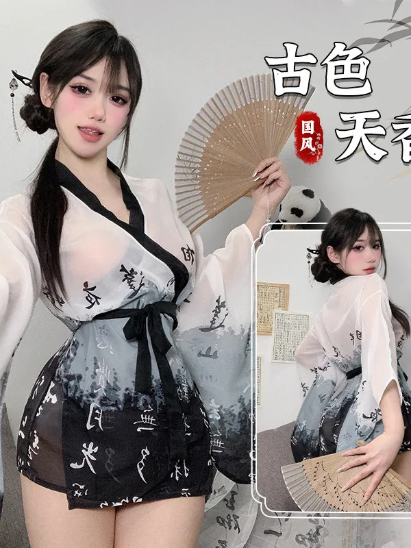 Chinese Style Retro Hanfu Printing Perspective Gauze Lace Up Retract Waist Dress Summer Fashion Perform Comfort Dresses New 0ET2