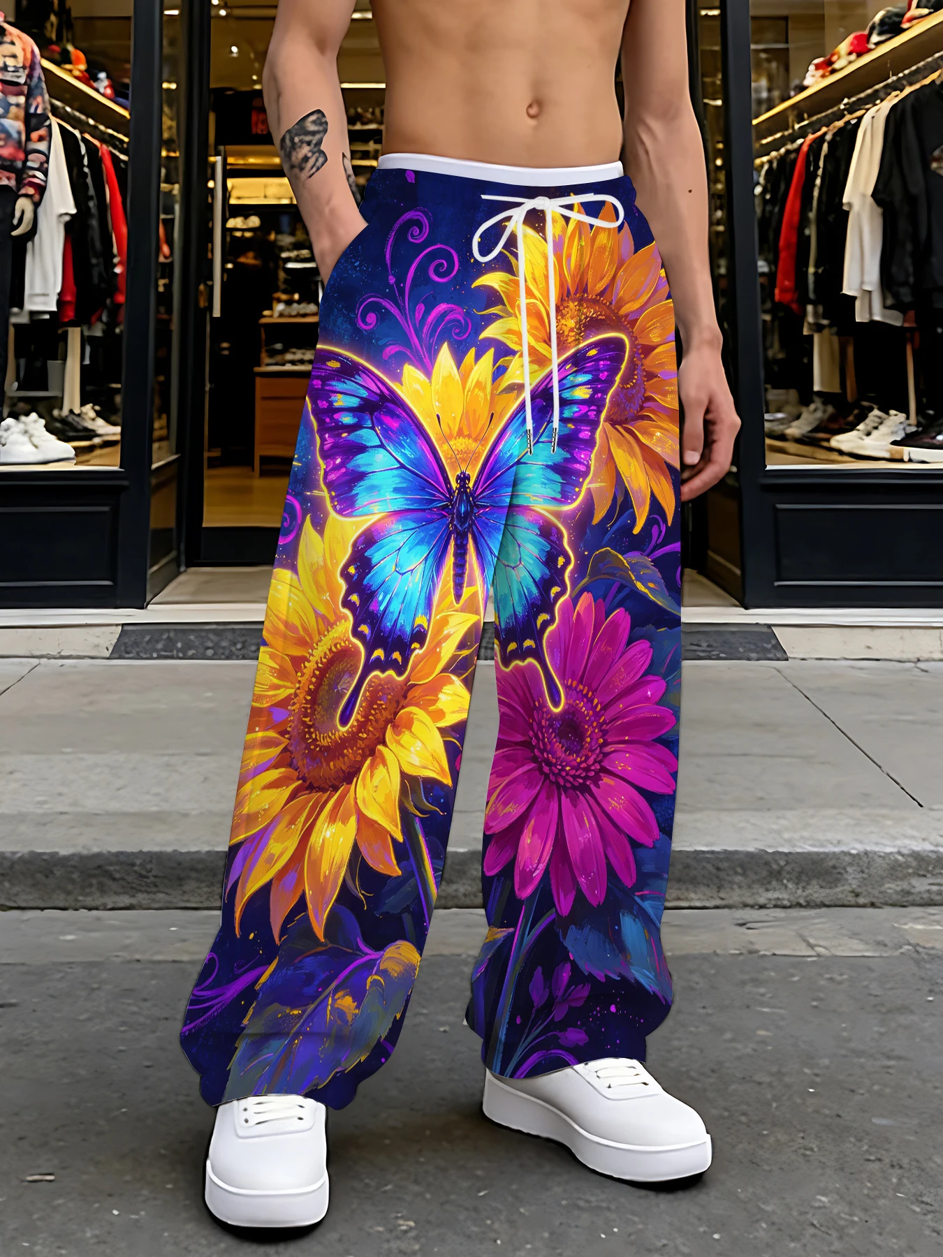 2026 Men's Printed Straight Leg Pants Drawstring Waist Loose Fit Casual Summer Beach Wear Fashion Trendy Trousers