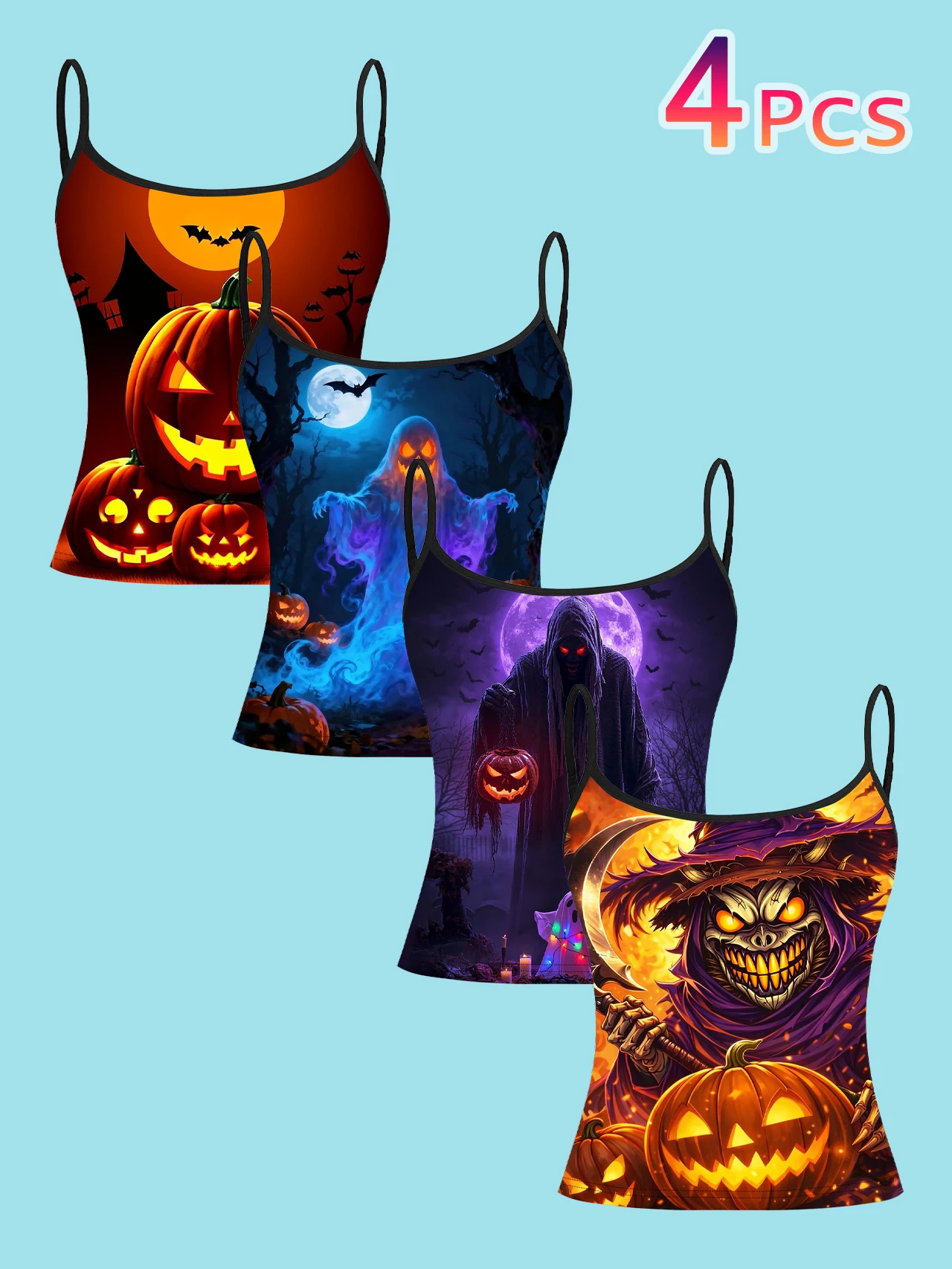 4-Piece Set of Halloween Ghost Pumpkin Women's Camisoles, Full Moon Bat Blue Purple Smoke Dark Print Slim-Fit Spaghetti Strap Short Camisole Tops