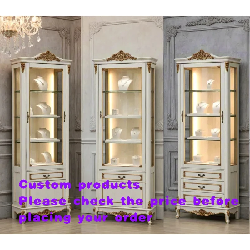 custom.French Vintage Tall Jewelry Display Cabinet | White Carved Solid Wood | Glass Door Showcase Built-in LED Lights Show