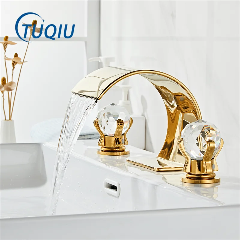 Tuqiu Gold Bathroom Faucet Widespread Sink Tap Brass Faucet Bathroom Sink Faucet 3-otworowy kryształowy uchwyt Kran ciepłej i zimnej wody