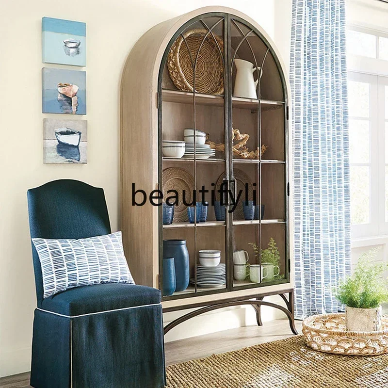 6239 American-style Light Luxury Solid Wood Bookcase Living Room with Glass Door Decorative Cabinet Arched Display Cabinet