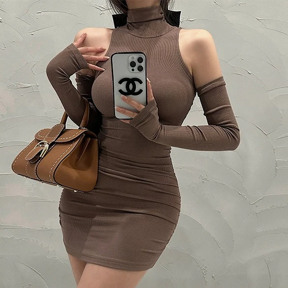 Mini-jurken met lange mouwen Dames Lente Herfst Coltrui Sexy Nachtclub Slanke Slanke Wrap Hip Fashion Koreaanse stijl Geplooid Effen